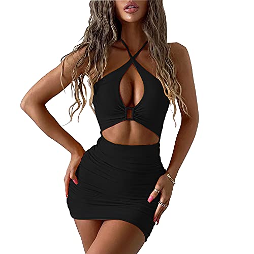 SHESEEWORLD Women's Sexy Club Sleeveless Halter Neck Ruched Bodycon Mini Party Dress Clubwear Black - Image 1