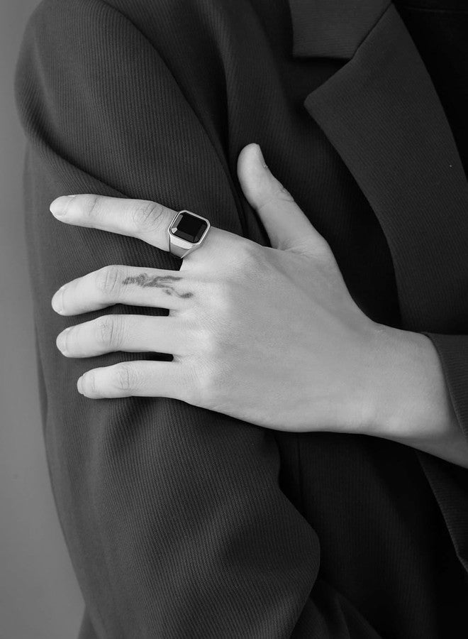 VQYSKO Signet Rings for Men Women,Solid Polished Stainless Steel Biker Ring for Men,Ideal Gift for Dad & Boyfriend,Silver Gold Black Color for Choice, size 4-15 (Silver+Black, 10) - Image 3