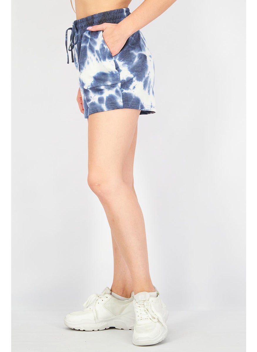 Rae Dunn - Women Sportswear Fit Drawstring Pull,On Short, Navy and White Tie Dye - Image 1