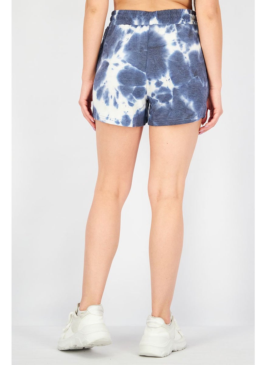 Rae Dunn - Women Sportswear Fit Drawstring Pull,On Short, Navy and White Tie Dye - Image 1