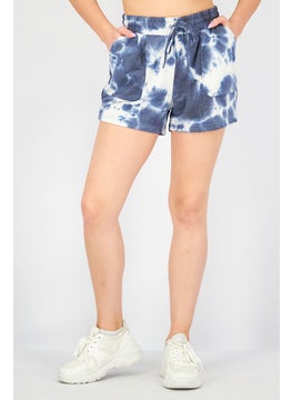 Women Sportswear Fit Drawstring Pull,On Short, Navy and White Tie Dye