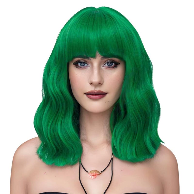 LABEAUT Green Wavy Bob Wig with Air Bangs  Heat Resistant St Patricks Day Wig  14 inch Mint Green