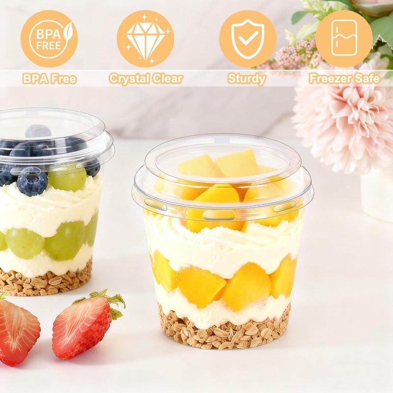 ALEXPRE 6 oz Dessert Cups with Lids and Spoons 180 Pcs | Serves 60 | Plastic Small Cake Fruit Mini Disposable Round Cups for Yogurt Parfait Pudding Mousse - Image 2
