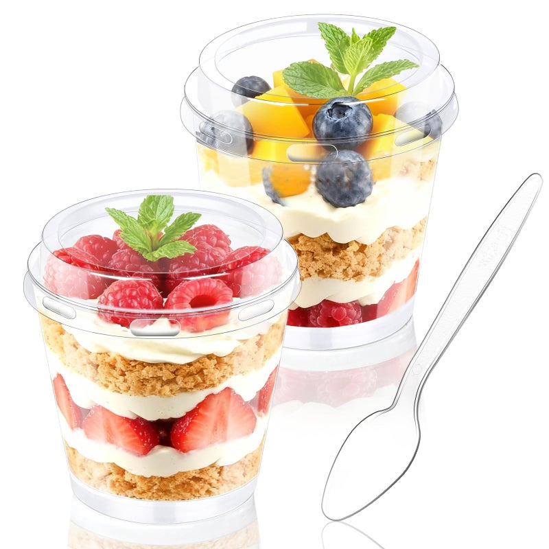 ALEXPRE 6 oz Dessert Cups with Lids and Spoons 180 Pcs | Serves 60 | Plastic Small Cake Fruit Mini Disposable Round Cups for Yogurt Parfait Pudding Mousse - Image 1