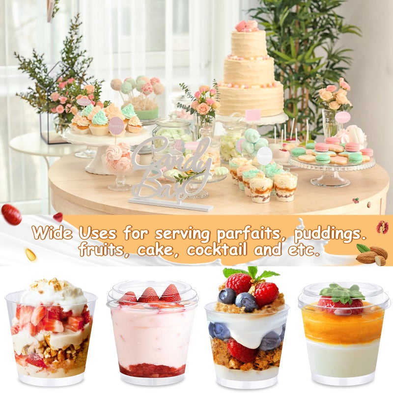 ALEXPRE 6 oz Dessert Cups with Lids and Spoons 180 Pcs | Serves 60 | Plastic Small Cake Fruit Mini Disposable Round Cups for Yogurt Parfait Pudding Mousse - Image 4