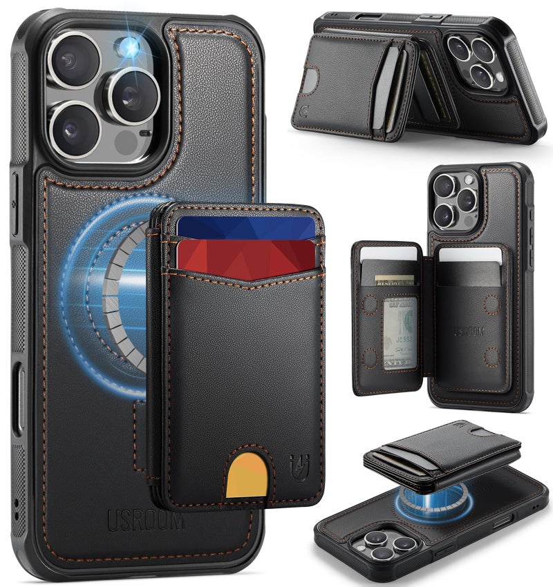 Usroom for iPhone 16 Pro Max Wallet Case Compatible with Magsafe, Magnetic RFID Blocking Card Holder Kickstand 2 in 1 Detachable Case for iPhone 16 Pro Max 6.9", Black - Image 1