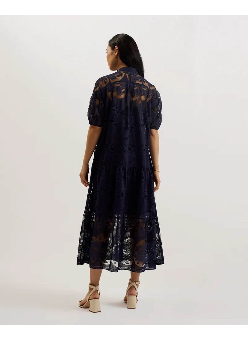 تيد بيكر Xativa Laced Midi Shirt Dress With Puff Sleeve