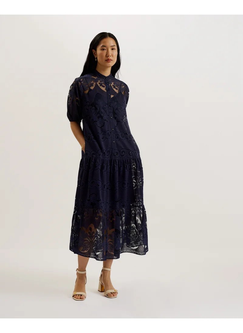 تيد بيكر Xativa Laced Midi Shirt Dress With Puff Sleeve