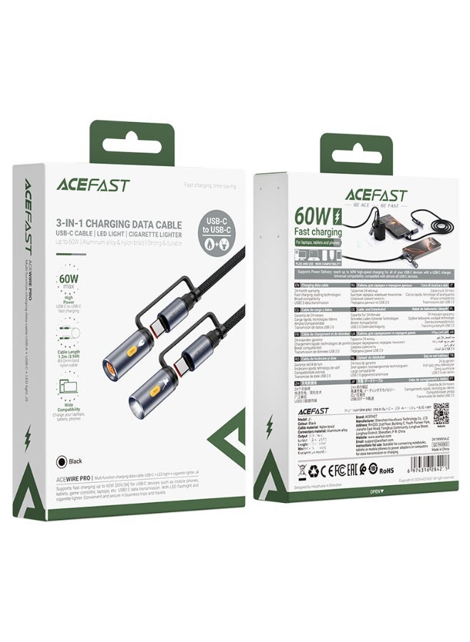 ACEFAST USB-C to USB-C 60W Fast Charging 3 in 1 Cable 1.2M With LED Flashlight, Cigarette Lighter Adapters,  High-Speed Data Transmission (J4) -Black - Image 5
