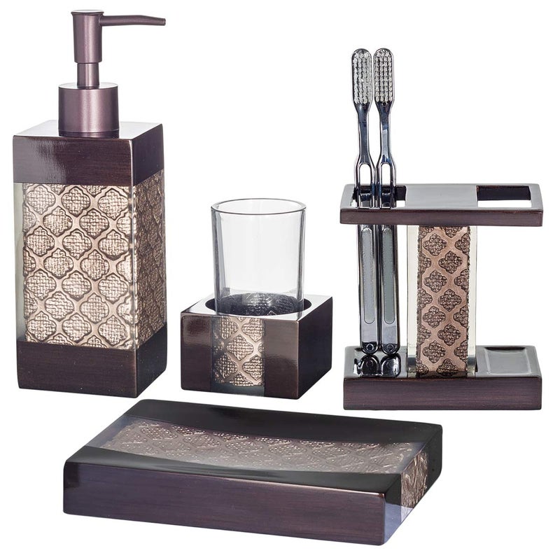 Dahlia Brown Bathroom Accessory Set Complete  Decorative 4 Piece Bathroom Sets Accessories Includes Soap Dispenser Toothbrush Holder Tumbler and Soap Dish