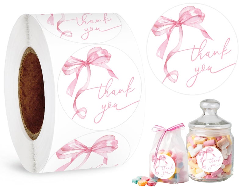 Whaline 500Pcs Pink Bow Thank You Stickers Coquette Watercolor Bowknot Paper Label Decals 1.5 Inch Valentines Bow Cute Thank You Adhesive Seal Sticker for Small Business Party Favor Supplies - Image 1