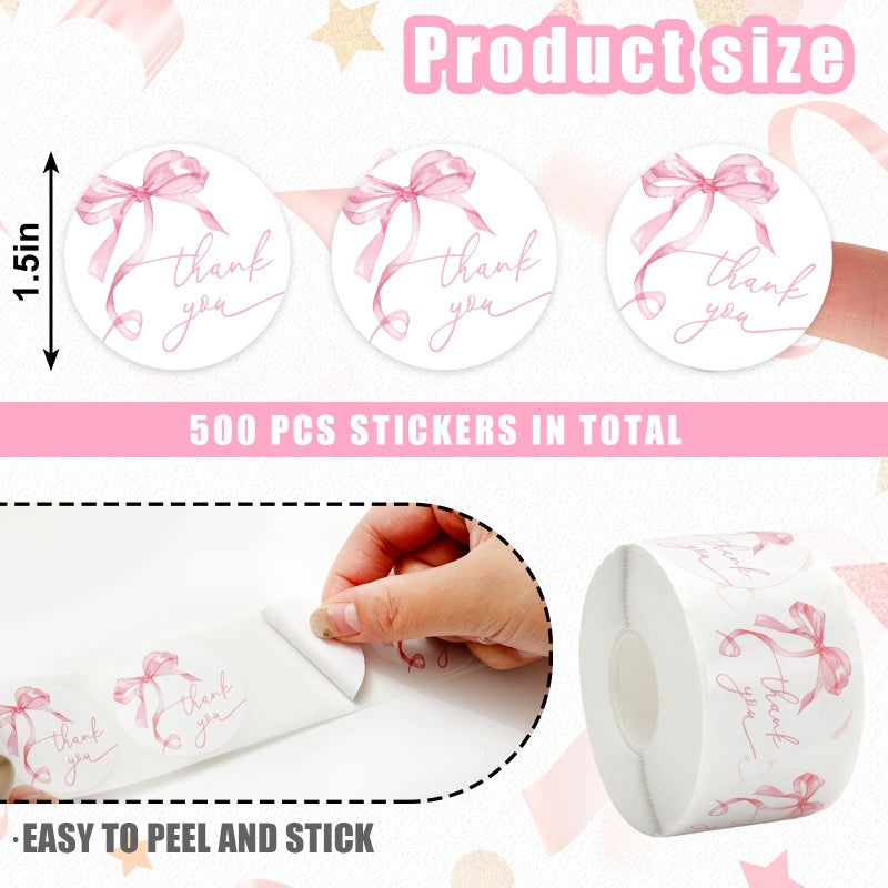 Whaline 500Pcs Pink Bow Thank You Stickers Coquette Watercolor Bowknot Paper Label Decals 1.5 Inch Valentines Bow Cute Thank You Adhesive Seal Sticker for Small Business Party Favor Supplies - Image 2