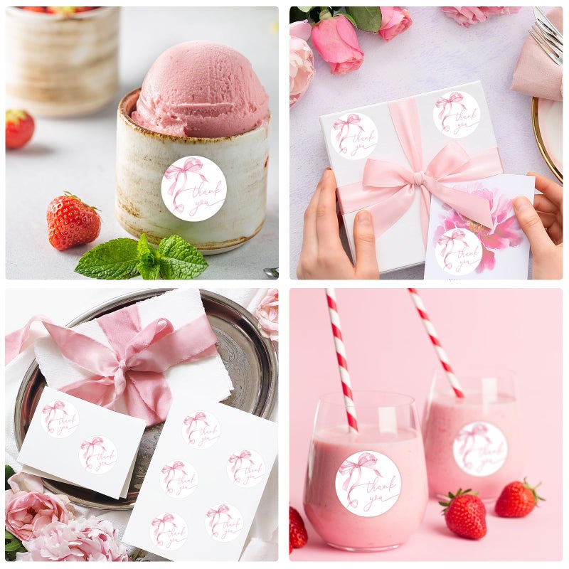 Whaline 500Pcs Pink Bow Thank You Stickers Coquette Watercolor Bowknot Paper Label Decals 1.5 Inch Valentines Bow Cute Thank You Adhesive Seal Sticker for Small Business Party Favor Supplies - Image 3