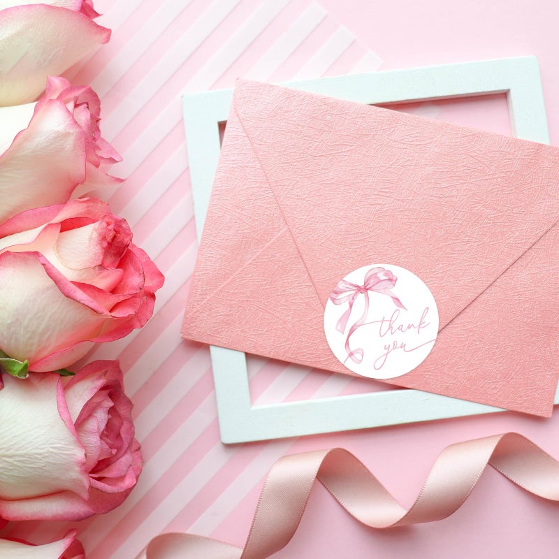 Whaline 500Pcs Pink Bow Thank You Stickers Coquette Watercolor Bowknot Paper Label Decals 1.5 Inch Valentines Bow Cute Thank You Adhesive Seal Sticker for Small Business Party Favor Supplies - Image 4