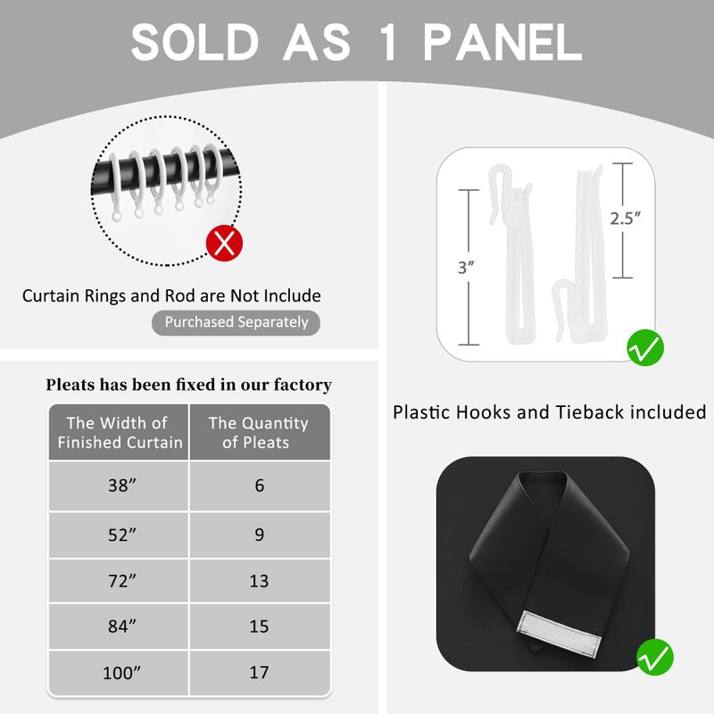 OYRING Pinch Pleated Curtain with Tieback for Bedroom  Energy Efficient Room Darkening Blackout Triple Weave Pleated Curtain for Kitchen  Patio  38"" W x 72"" L  Black  1 Panel - Image 4