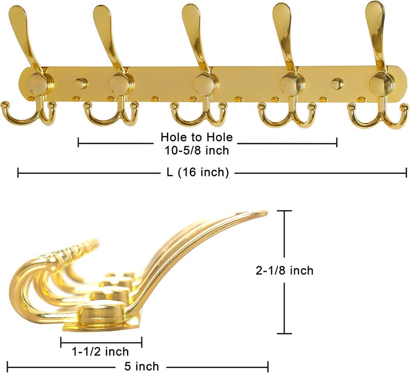 Dseap Coat Rack - Heavy Duty Coat Hooks with 5 Triple Hooks, Stainless Steel Wall Coat Hooks, Wall Hooks, Hook Rack for Coat, Hat, Towel, Handbag, Gold, Pack of 2 - Image 3