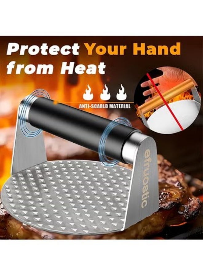 بينكو مكبس همبرجر من الفولاذ المقاوم للصدأ، مقبض مقاوم للحرارة، مجموعة ملحقات شواء احترافية للشواية المسطحة، وصانع فطائر الهامبرجر ومعصرة الشحوم، تصميم متعدد الاستخدامات ومتين. - Image 5