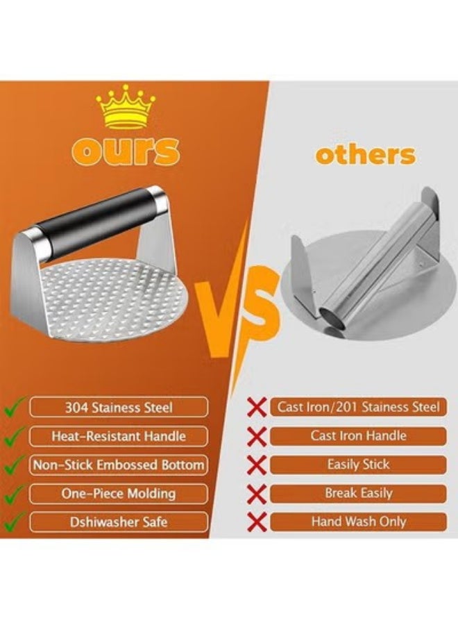 بينكو مكبس همبرجر من الفولاذ المقاوم للصدأ، مقبض مقاوم للحرارة، مجموعة ملحقات شواء احترافية للشواية المسطحة، وصانع فطائر الهامبرجر ومعصرة الشحوم، تصميم متعدد الاستخدامات ومتين. - Image 4