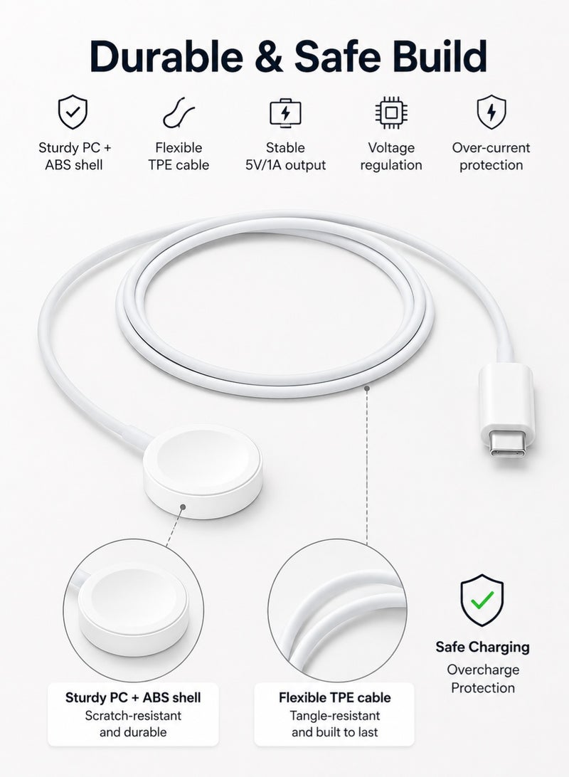 Digipace USB-C Charging Cable for Apple Watch, Magnetic iWatch Charger Cord, Fast Charging Dock Compatible with Watch Series 9/8/7/Ultra/SE2/6/5/4/3/2/1/SE1, Durable PC+ABS Shell with TPE Wire (1M, White) - Image 2