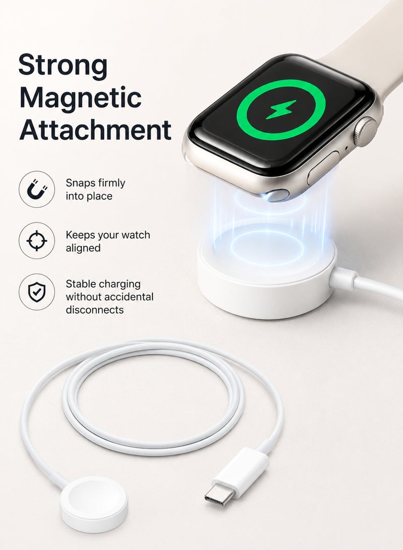 Digipace USB-C Charging Cable for Apple Watch, Magnetic iWatch Charger Cord, Fast Charging Dock Compatible with Watch Series 9/8/7/Ultra/SE2/6/5/4/3/2/1/SE1, Durable PC+ABS Shell with TPE Wire (1M, White) - Image 3