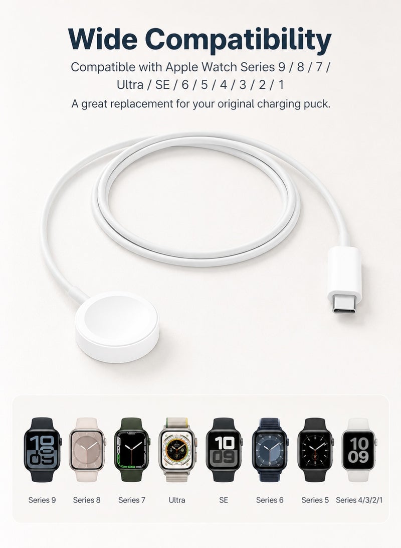 Digipace USB-C Charging Cable for Apple Watch, Magnetic iWatch Charger Cord, Fast Charging Dock Compatible with Watch Series 9/8/7/Ultra/SE2/6/5/4/3/2/1/SE1, Durable PC+ABS Shell with TPE Wire (1M, White) - Image 4