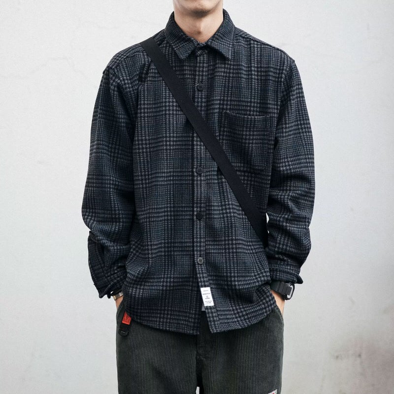 American-style Senior Niche Retro Casual Pocket Woolen Plaid Shirt Mens Long-sleeved Loose Scrub Shirt Mens All-match 2177 blue