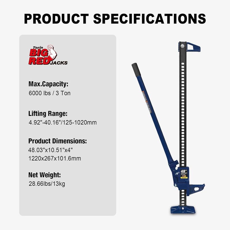 BIG RED ATR6501UR Torin 48" Ratcheting Off Road Utility Farm Jack: 3 Ton (6,000 lb) Capacity, Blue - Image 3