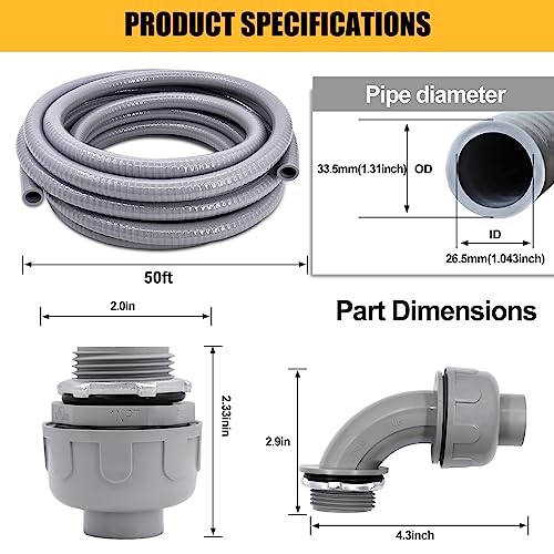 Wocloer Liquid-Tight Conduit - 1inch 50 Foot Flexible Non Metallic Liquid Tight Electrical Conduit Kit, with 6 Straight and 3 Angle Fittings Included. 1" Dia - Image 2