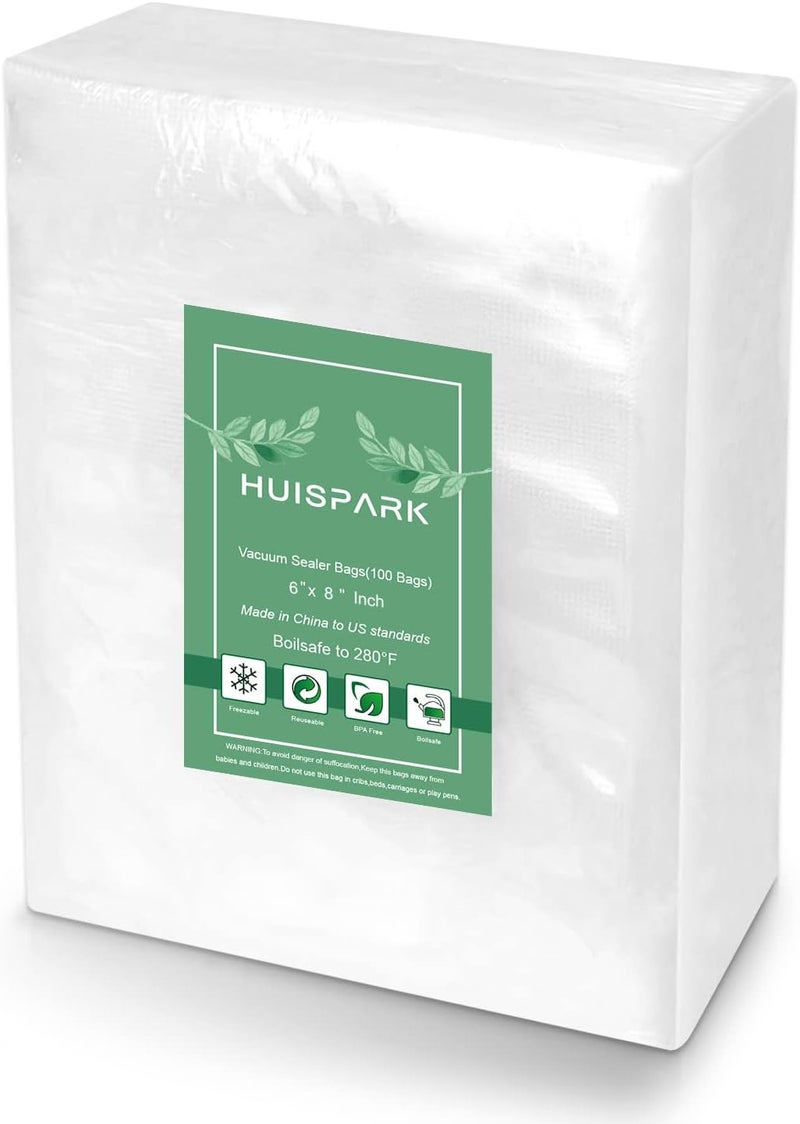 HUISPARK Vacuum Sealer Bags Heavy Duty Pre-Cut Design Commercial Grade Food Sealable 6x8 inch 100pcs for Heat Seal Food Storage, Smell Proof Bags Boilsafe to 280°F Freezable - Image 1