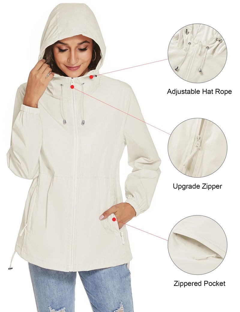 TCOT Women Light Travel Rain Jackets Water Resistant Packable Rain Coat Summer Waterproof Hooded Windbreaker Beige M - Image 3