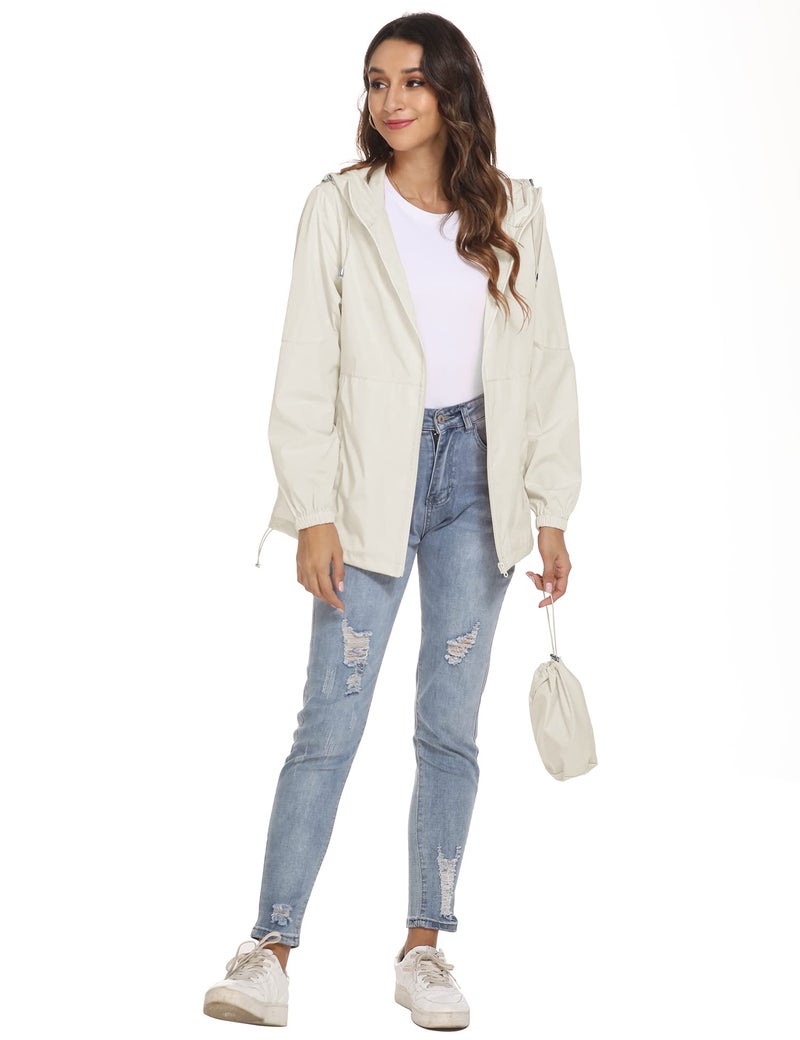 TCOT Women Light Travel Rain Jackets Water Resistant Packable Rain Coat Summer Waterproof Hooded Windbreaker Beige M - Image 2