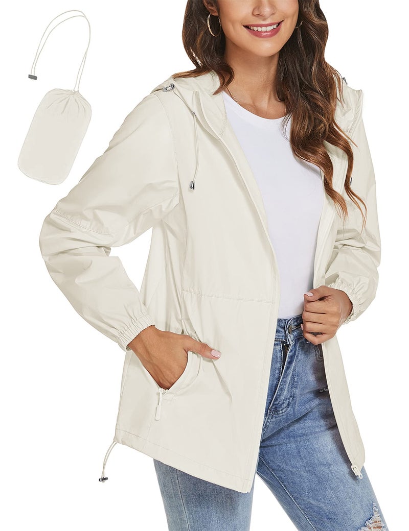 TCOT Women Light Travel Rain Jackets Water Resistant Packable Rain Coat Summer Waterproof Hooded Windbreaker Beige M - Image 1