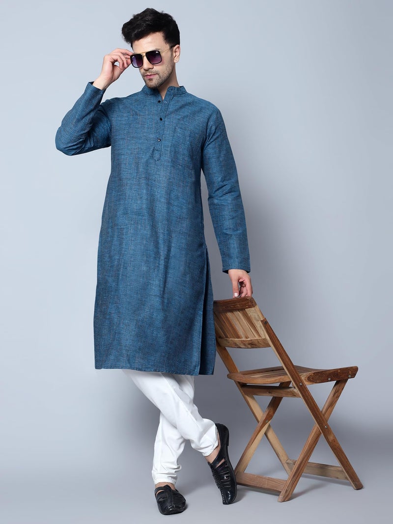 LATEST CHIKAN Men's Cotton Regular Fit Textured Long Kurta Full Sleeves - Casual Ethnic Wear -LK-DBL-F-38 Firozi - Image 3