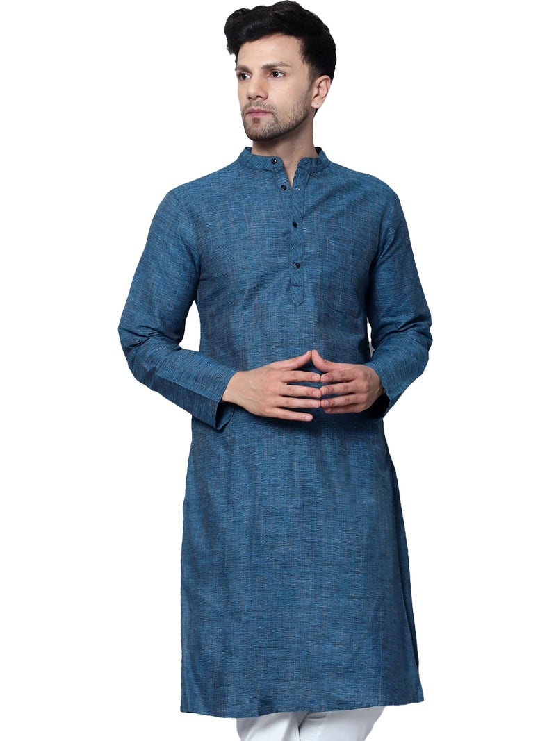 LATEST CHIKAN Men's Cotton Regular Fit Textured Long Kurta Full Sleeves - Casual Ethnic Wear -LK-DBL-F-38 Firozi - Image 1