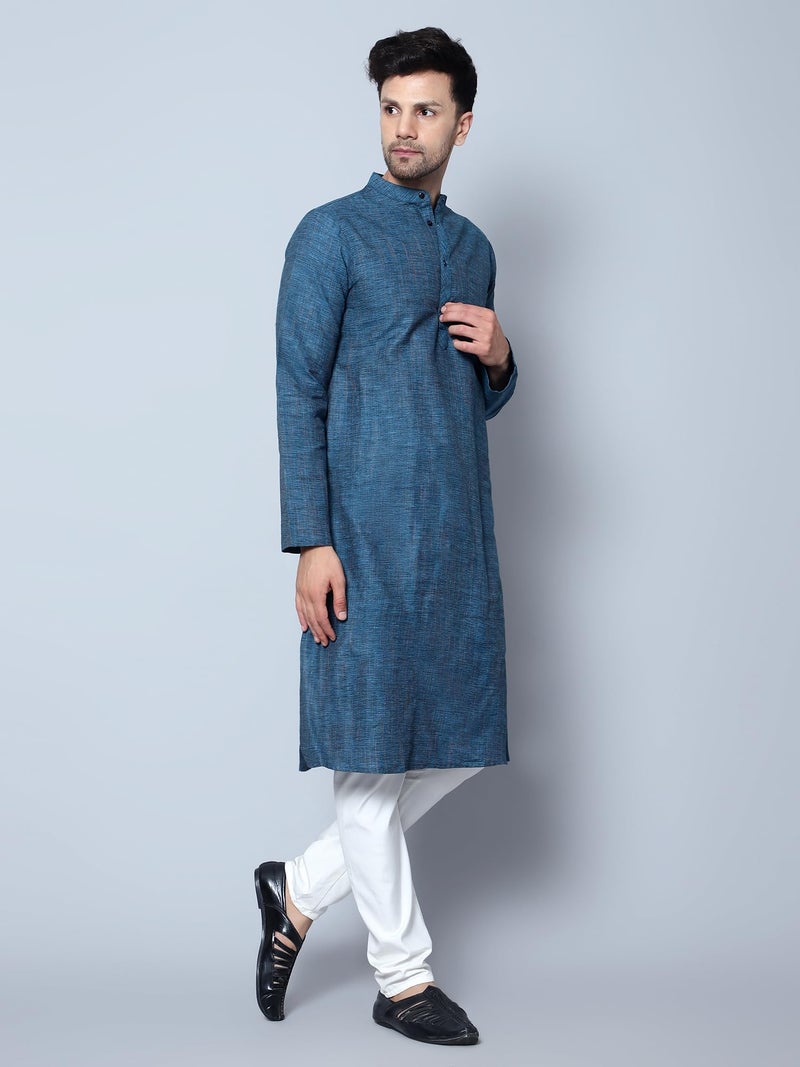 LATEST CHIKAN Men's Cotton Regular Fit Textured Long Kurta Full Sleeves - Casual Ethnic Wear -LK-DBL-F-38 Firozi - Image 2