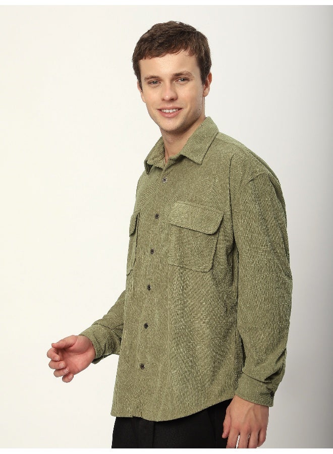 Beyoung Sage Green Tribal Textured Corduroy Shirt  - Image 1