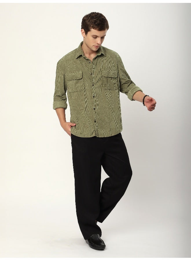 Beyoung Sage Green Tribal Textured Corduroy Shirt  - Image 5