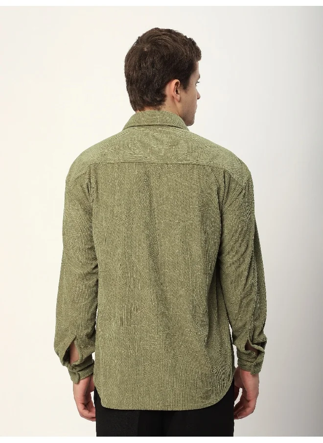بيونغ Sage Green Tribal Textured Corduroy Shirt