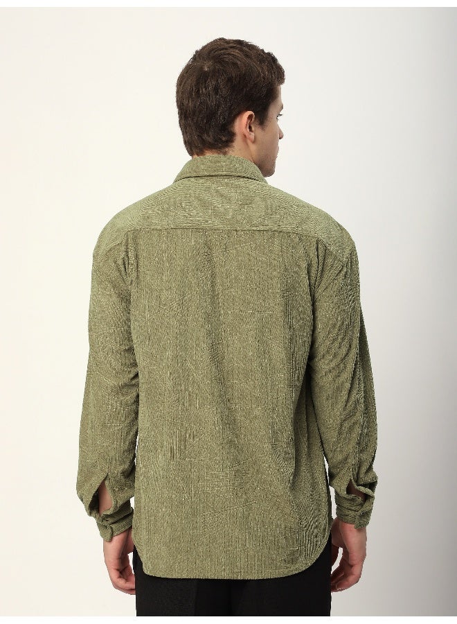 Beyoung Sage Green Tribal Textured Corduroy Shirt  - Image 2