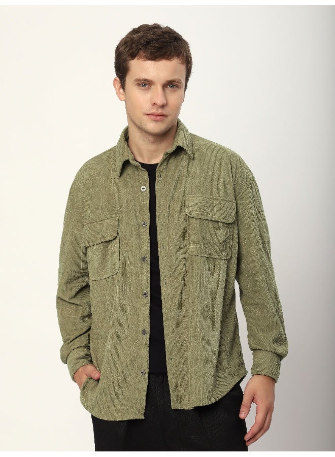 Beyoung Sage Green Tribal Textured Corduroy Shirt  - Image 3