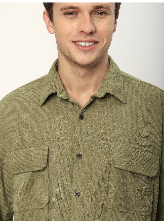 Beyoung Sage Green Tribal Textured Corduroy Shirt  - Image 4