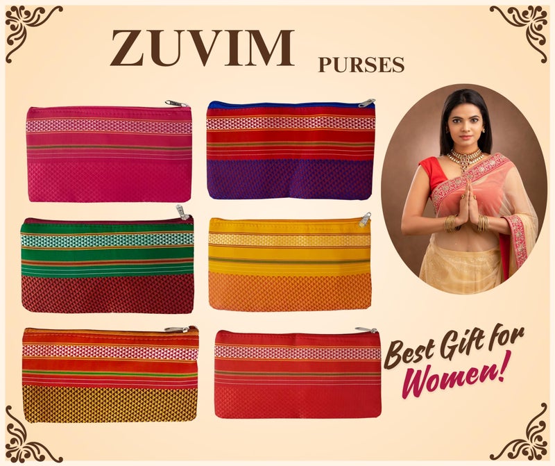 Zuvim Women Purse with Double Pocket and Zip, Traditonal Khann Zipper Pouches Shagun Gifting Haldi Mehandi Wedding, Festivals, Pooja, Haldikumkum Gift for Women, Multicolor (Pack of 6, Standard) - Image 5