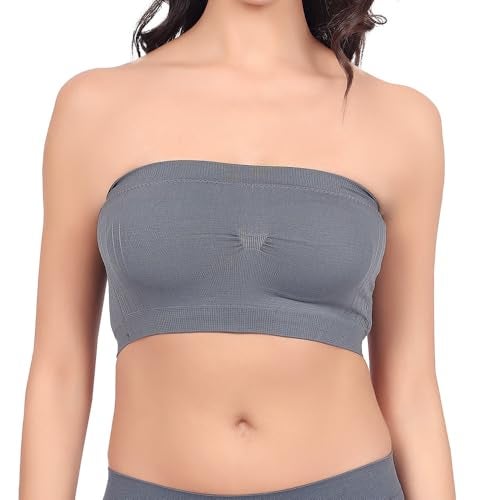 Luella Women's Spandex Strapless Seamless Solid Padded Bandeau Tube Bra | Wire Free Stretchable Full Coverage with Removable Pull On Pads Bralette Bras (Free Size) Darkgray - Image 2