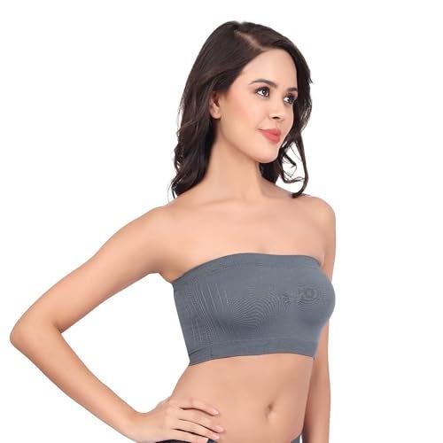 Luella Women's Spandex Strapless Seamless Solid Padded Bandeau Tube Bra | Wire Free Stretchable Full Coverage with Removable Pull On Pads Bralette Bras (Free Size) Darkgray - Image 4