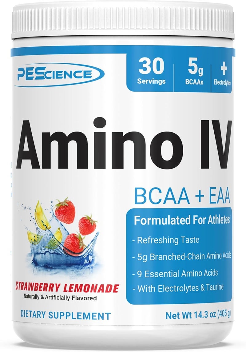 PEScience Amino IV BCAA  EAA Powder Strawberry Lemonade 60 Scoop Essential Amino Acids Taurine Electrolytes for Hydration and Muscle Recovery Sugar Free for Men  Women Post Workout - Image 1