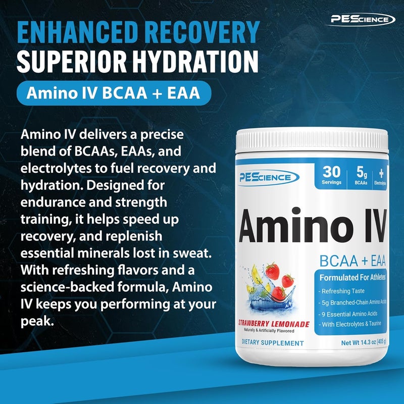 PEScience Amino IV BCAA  EAA Powder Strawberry Lemonade 60 Scoop Essential Amino Acids Taurine Electrolytes for Hydration and Muscle Recovery Sugar Free for Men  Women Post Workout - Image 3