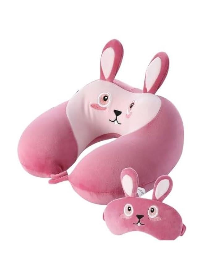 HOOKOR Memory Foam Animal Travel Pillow, Comfortable Neck Pillow with Cute Eye Mask Lightweight Traveling Pillow for Airplane, Car, Train, Bus and Home Use (Bunny) - Image 1