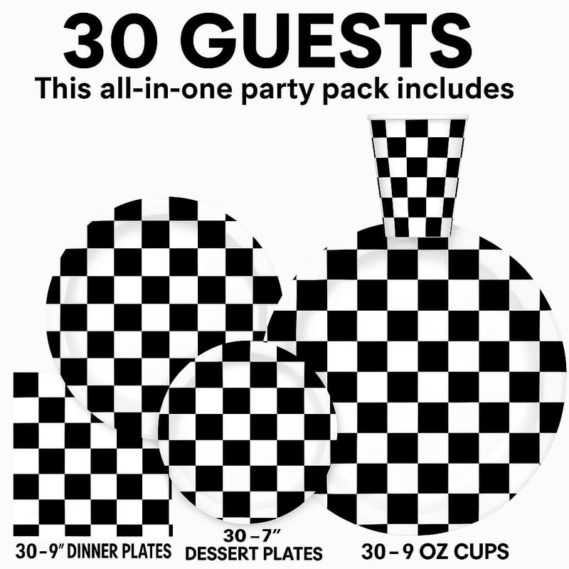 Oojami 120 piece Complete Party Pack Black and White Checkered 9" Dinner Paper Plates 7" Dessert Paper Plates 9 oz Cups 3 Ply Napkins Race Car Party Theme - Image 2