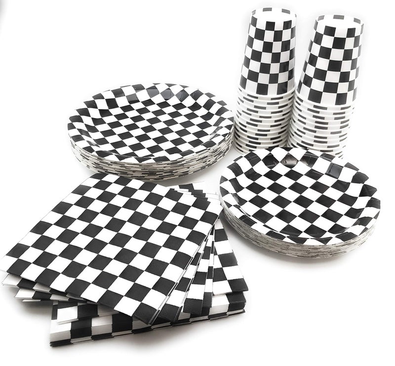 Oojami 120 piece Complete Party Pack Black and White Checkered 9" Dinner Paper Plates 7" Dessert Paper Plates 9 oz Cups 3 Ply Napkins Race Car Party Theme - Image 3