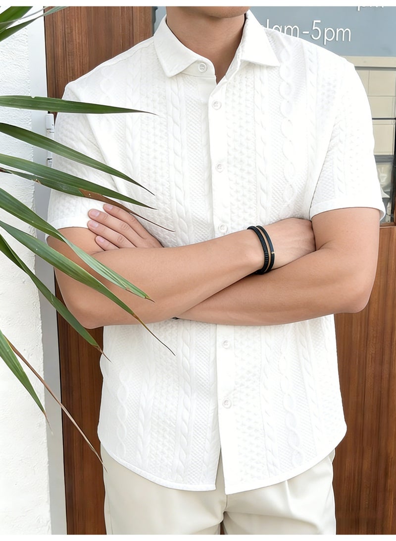 قميص رجالي أبيض منقوش بأكمام قصيرة وأزرار، قميص صيفي كاجوال - Image 2